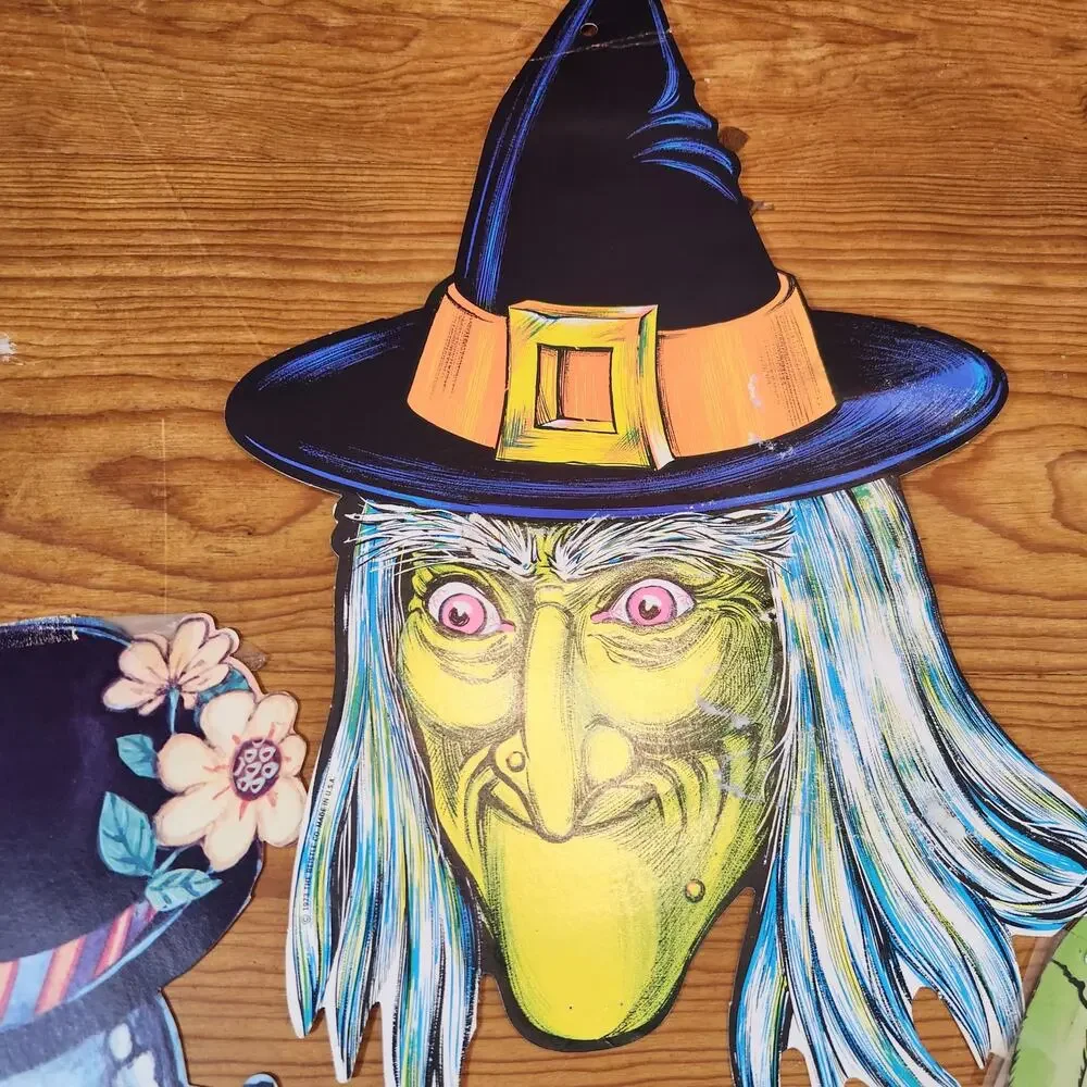 Vintage 1979 Halloween Decorations Cardboard Cutout Witch Skeleton Pumpkin USA
